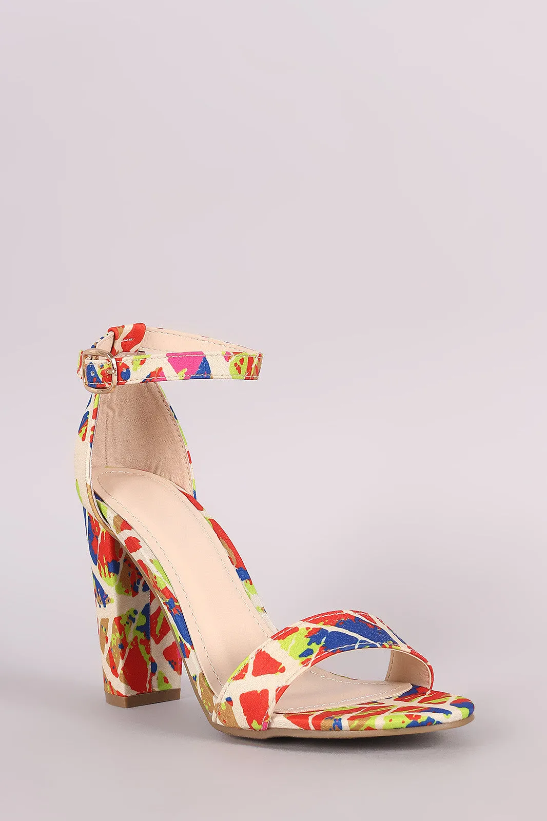 Bamboo Abstract Print Ankle Strap Chunky Heel