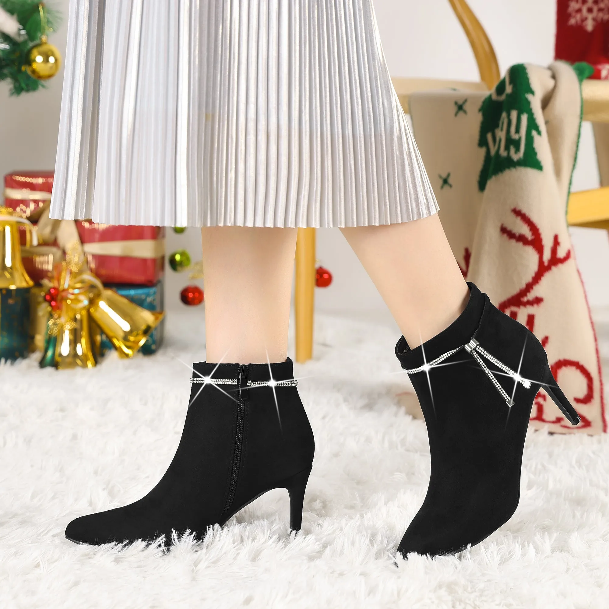 Bling Rhinestone Pointed Toe Stiletto Heel Ankle Boots
