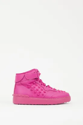 Fuschia Leather Rockstud High Top Sneaker