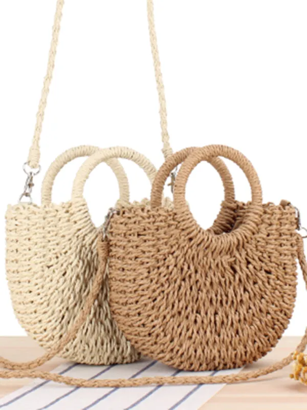 Half round straw woven beach bag