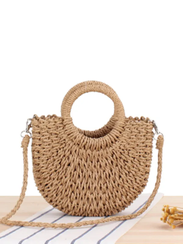 Half round straw woven beach bag
