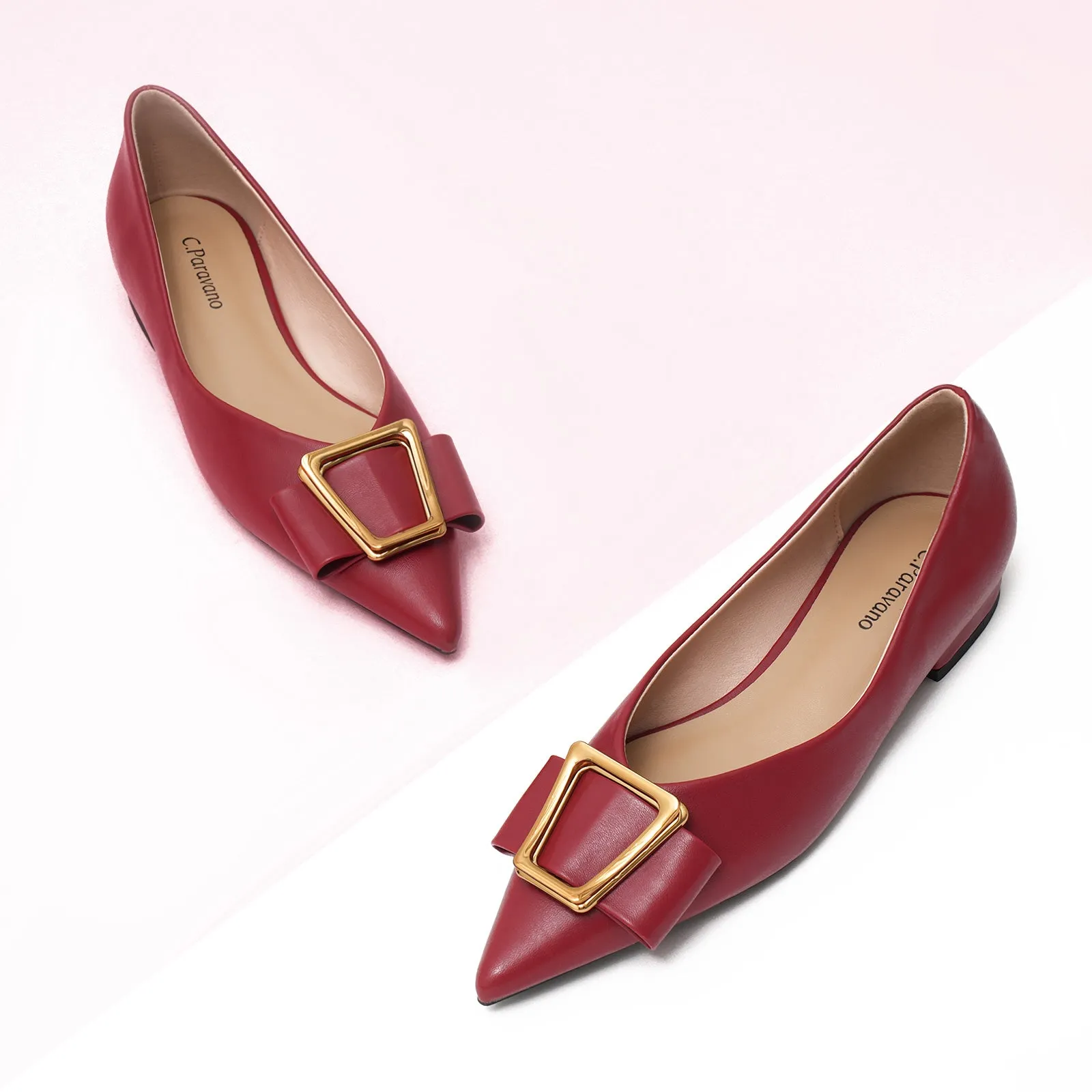 Hot Geometric Buckle Pointed Toe Flats Red
