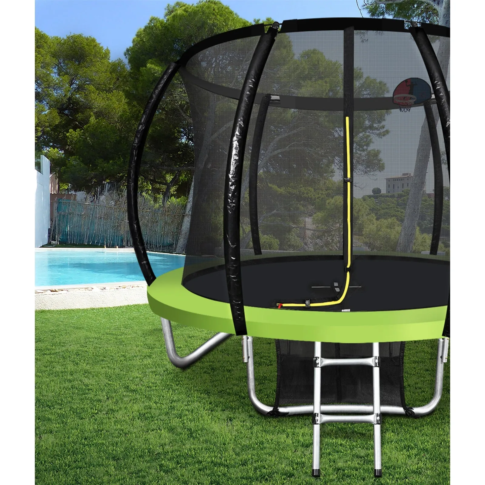 Mazam 10FT Round Spring Trampolines Kids Safety Net Enclosure w/ Basketball Set