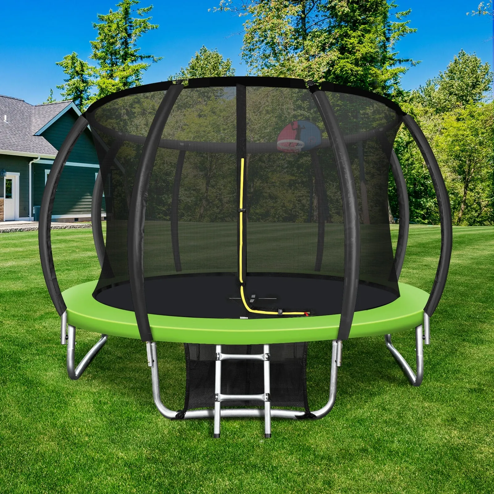 Mazam 10FT Round Spring Trampolines Kids Safety Net Enclosure w/ Basketball Set