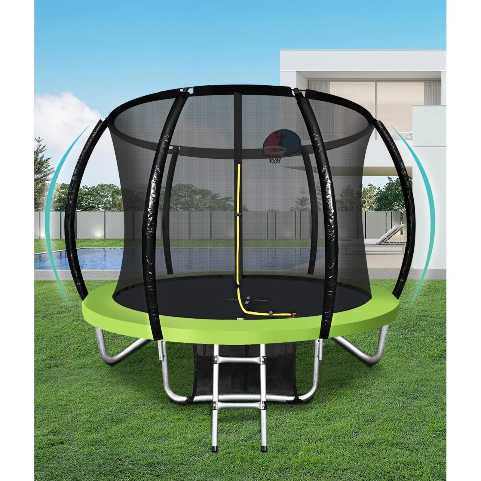 Mazam 10FT Round Spring Trampolines Kids Safety Net Enclosure w/ Basketball Set