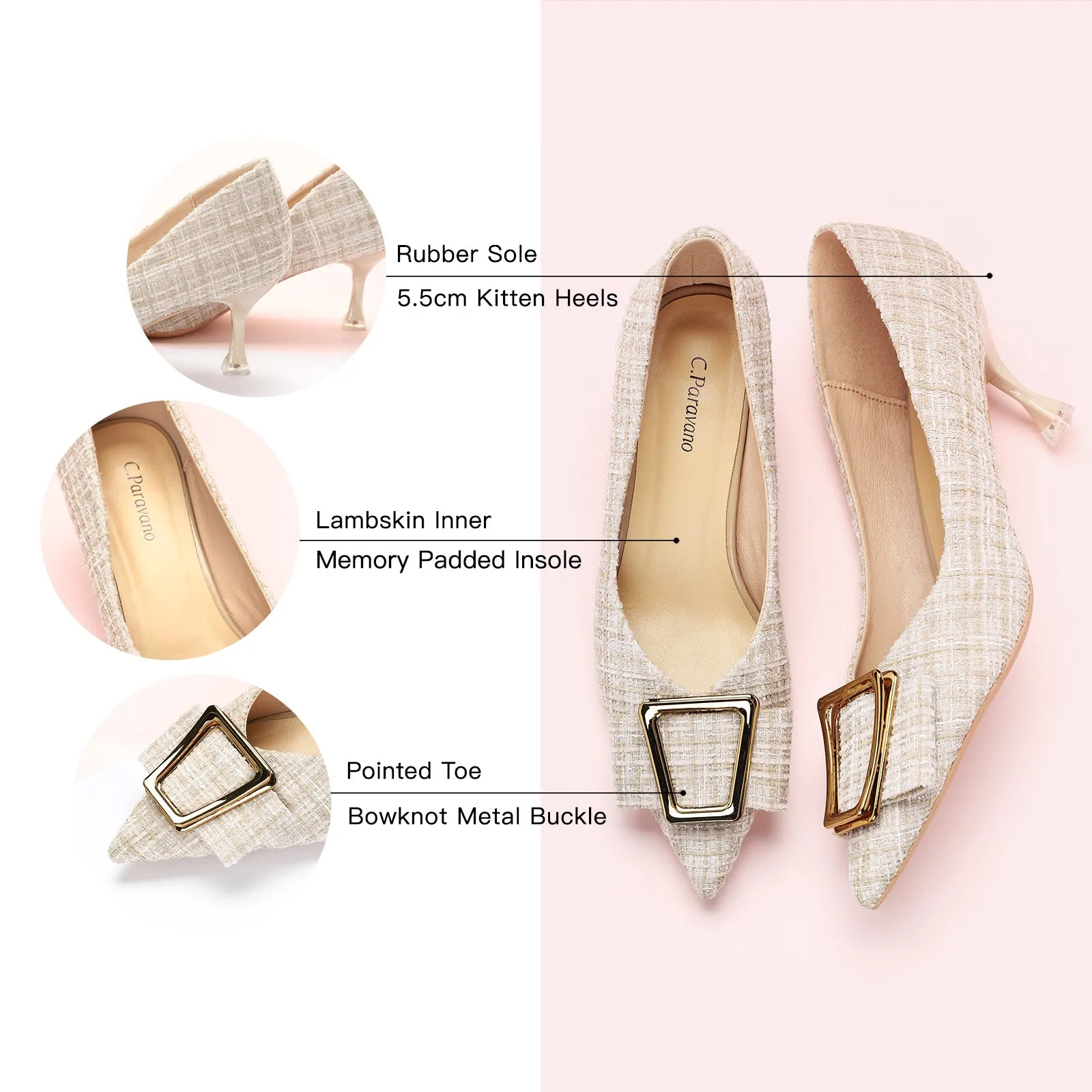 Metal Tie Tweed Pumps (Olivia) Beige