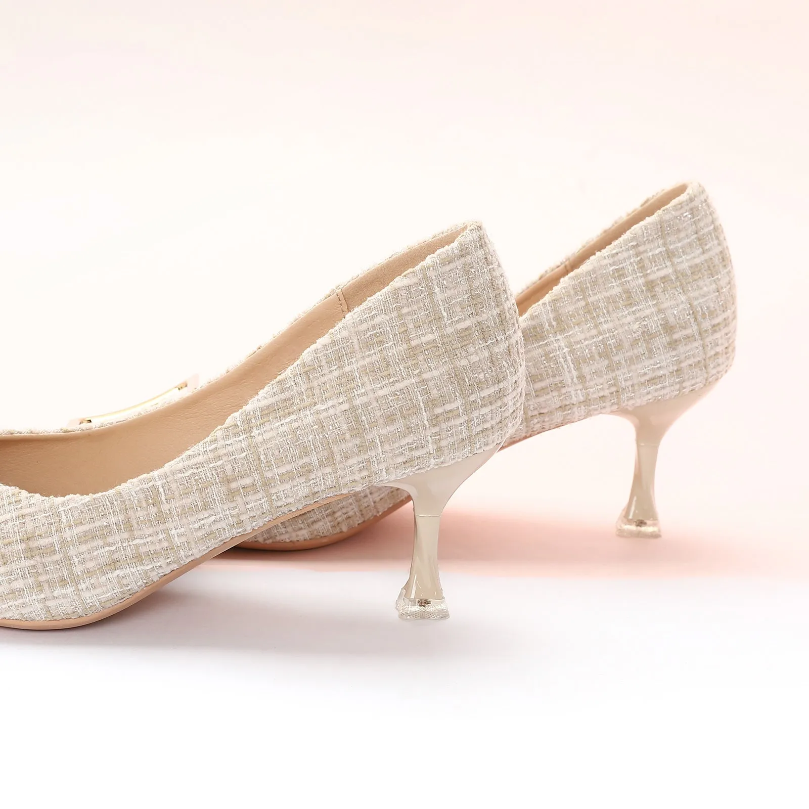Metal Tie Tweed Pumps (Olivia) Beige