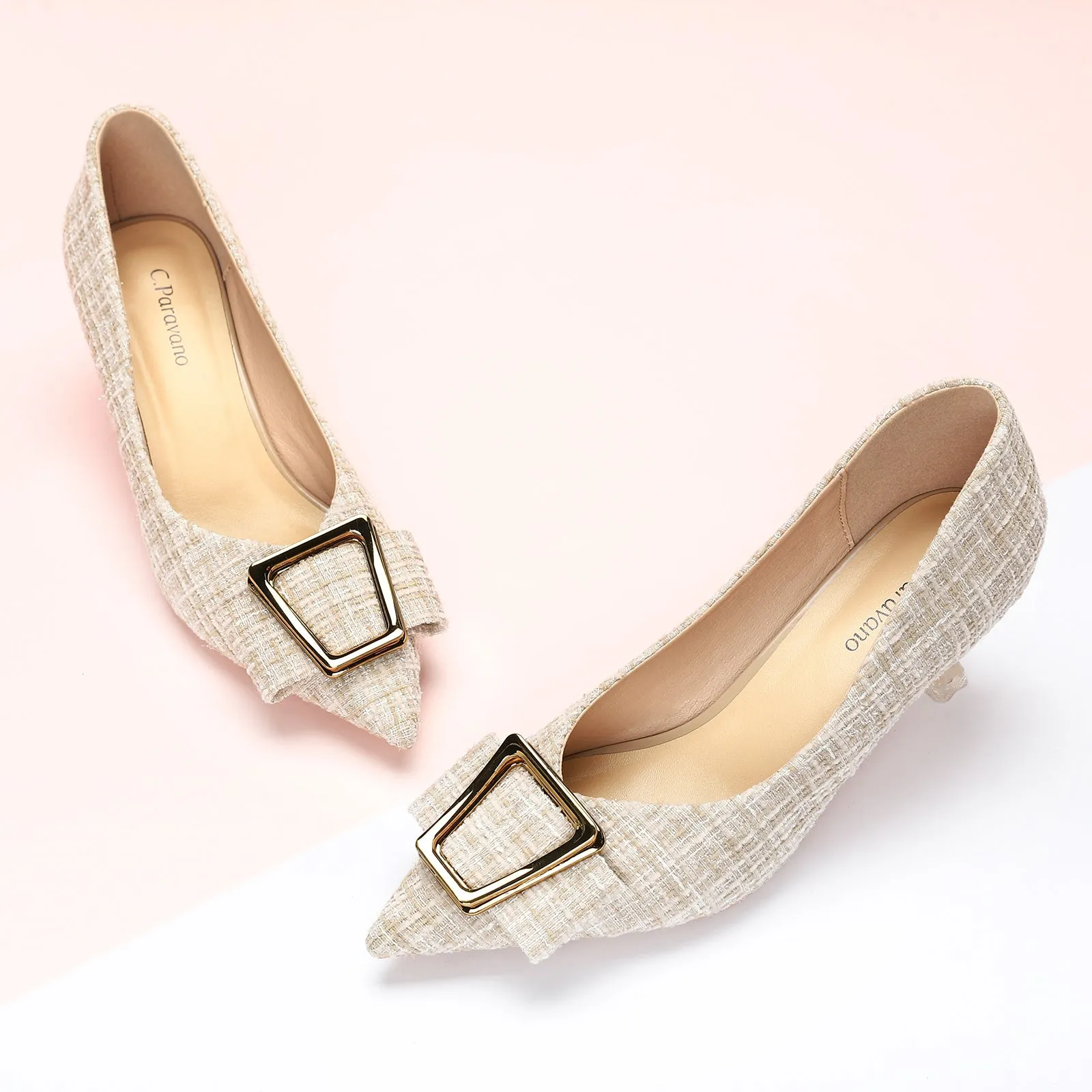 Metal Tie Tweed Pumps (Olivia) Beige