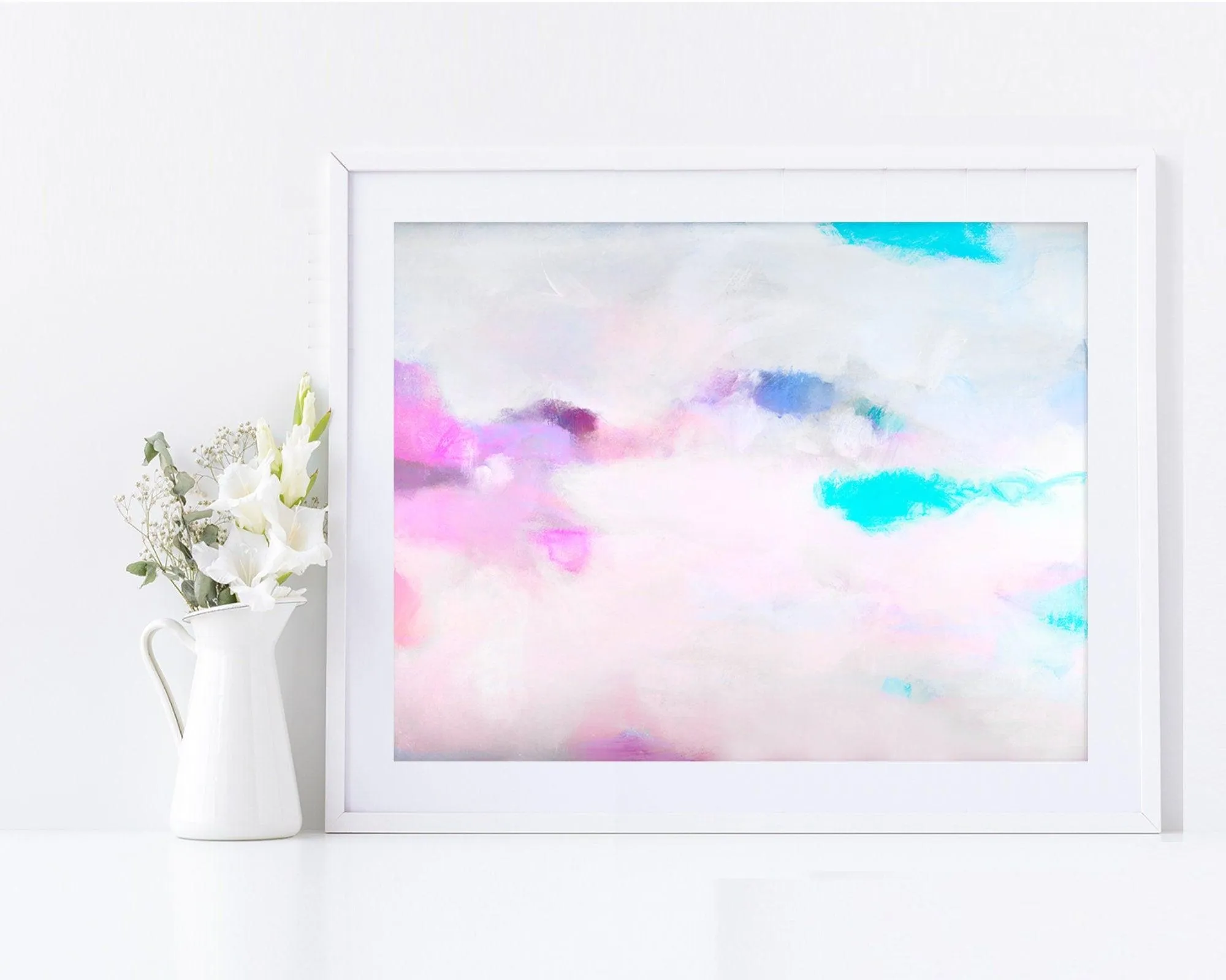 Pink clouds wall art extra large abstract print, Blush Canvas Print, White Home Decor, Vibrant and colorful abstract painting
