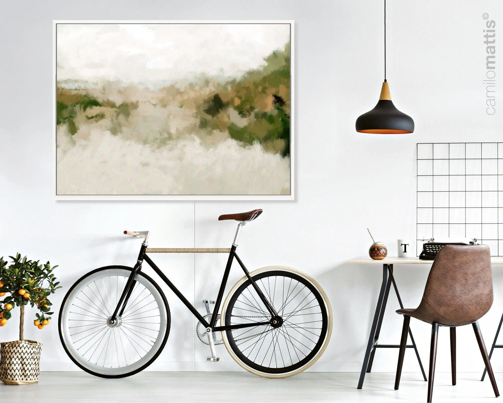 Sage green large abstract wall art Landscape Painting, Art work for living room