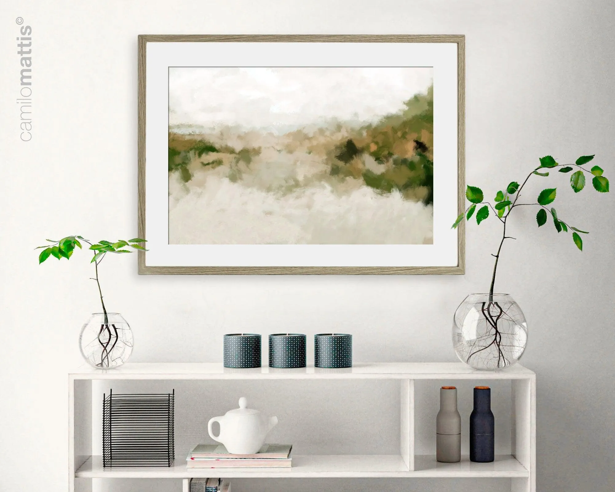 Sage green large abstract wall art Landscape Painting, Art work for living room