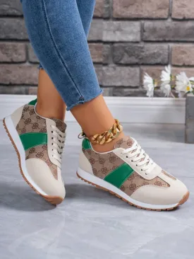 Women's Khaki-Colored Embroidered & Printed Vintage Running Shoes